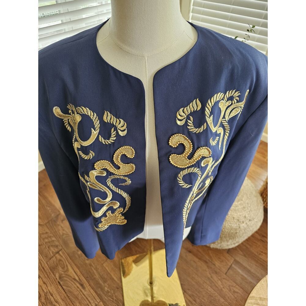 Mondi Vintage Blue Gold Embroidered Cropped Blazer Women's Size 44 Nautical - Picture 6 of 11